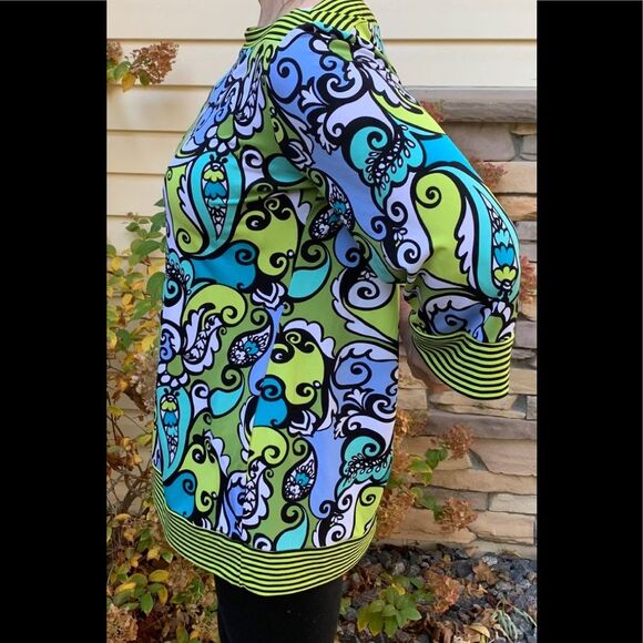 Cocomo 3/4 sleeve green, patterned blouse with boat neck, gorgeous, festive, L - Picture 6 of 7